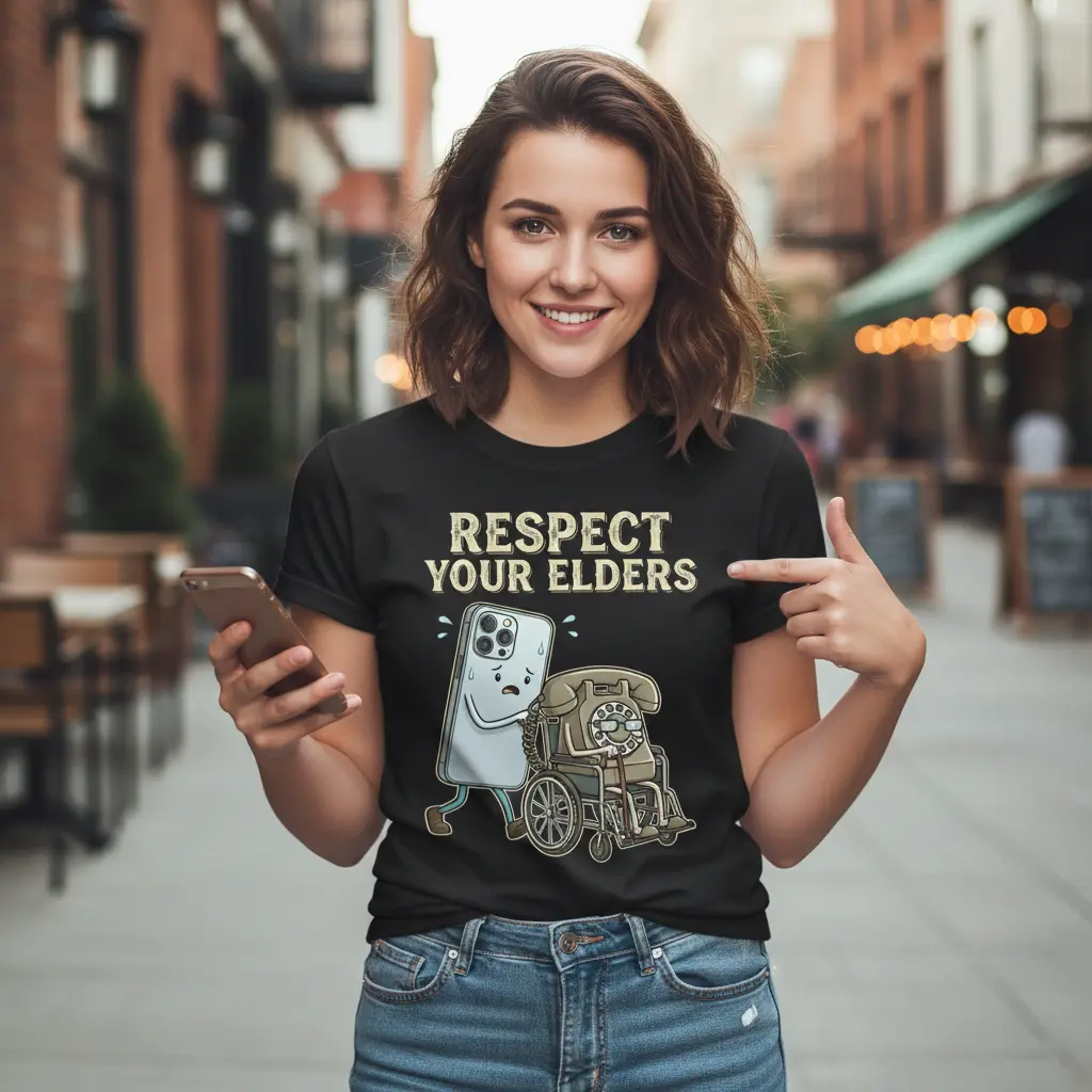 Respect Your Elders" Tech T-Shirt - Modern Smartphone & Retro Rotary Phone Design - Unique Gadget Evolution Humor Tee - Soft Cotton Graphic Shirt for Techies & Geeks