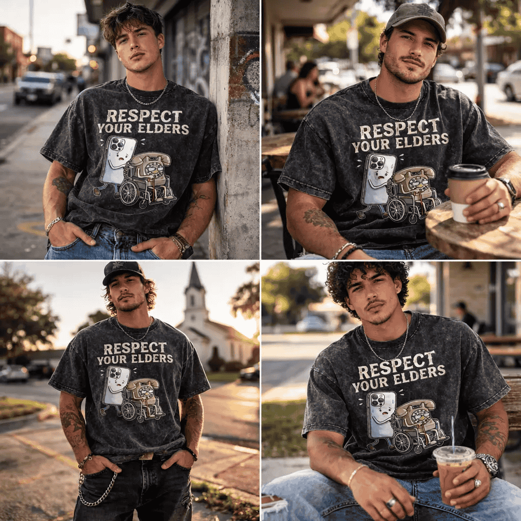 Respect Your Elders" Tech T-Shirt - Modern Smartphone & Retro Rotary Phone Design - Unique Gadget Evolution Humor Tee - Soft Cotton Graphic Shirt for Techies & Geeks