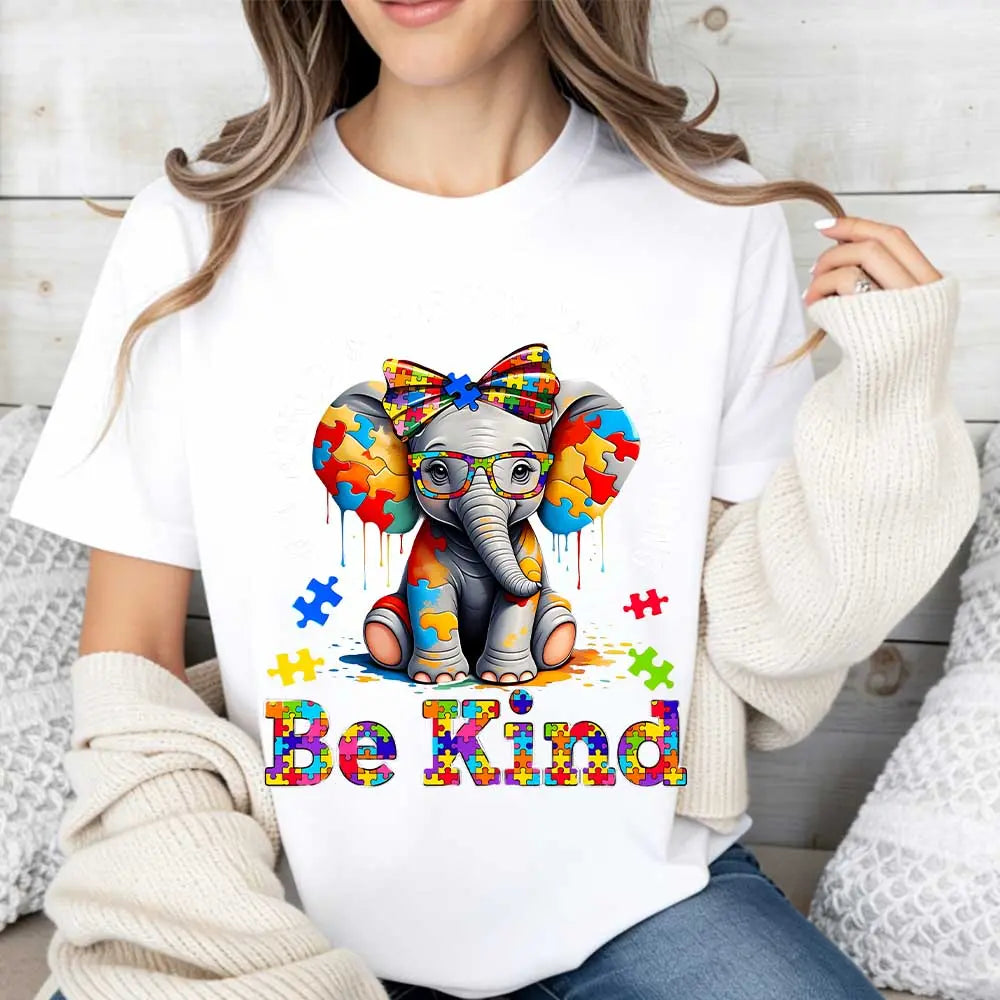 Elephant With Puzzle Pieces And Be Kind Print T Shirt Crew Neck Casual Wear For Women And Girls