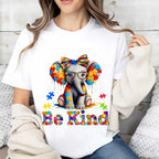 Elephant With Puzzle Pieces And Be Kind Print T Shirt Crew Neck Casual Wear For Women And Girls