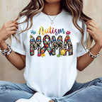 Autism Mama Puzzle Pieces And Ribbon Print T Shirt White Crewneck Casual Wear For Autism Awareness Support And Motherhood
