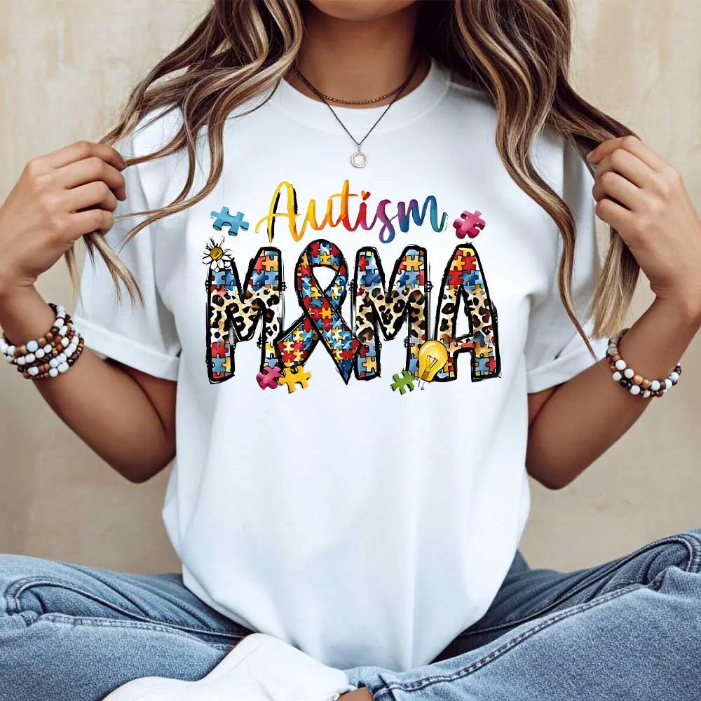 Autism Mama Puzzle Pieces And Ribbon Print T Shirt White Crewneck Casual Wear For Autism Awareness Support And Motherhood