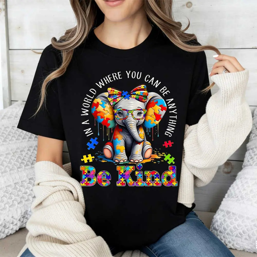Elephant With Puzzle Pieces And Be Kind Print T Shirt Crew Neck Casual Wear For Women And Girls