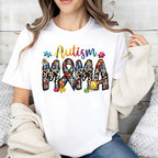 Autism Mama Puzzle Pieces And Ribbon Print T Shirt White Crewneck Casual Wear For Autism Awareness Support And Motherhood