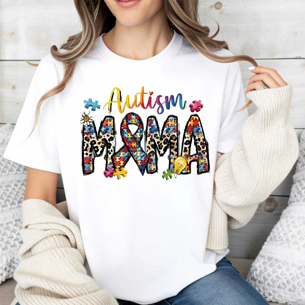 Autism Mama Puzzle Pieces And Ribbon Print T Shirt White Crewneck Casual Wear For Autism Awareness Support And Motherhood