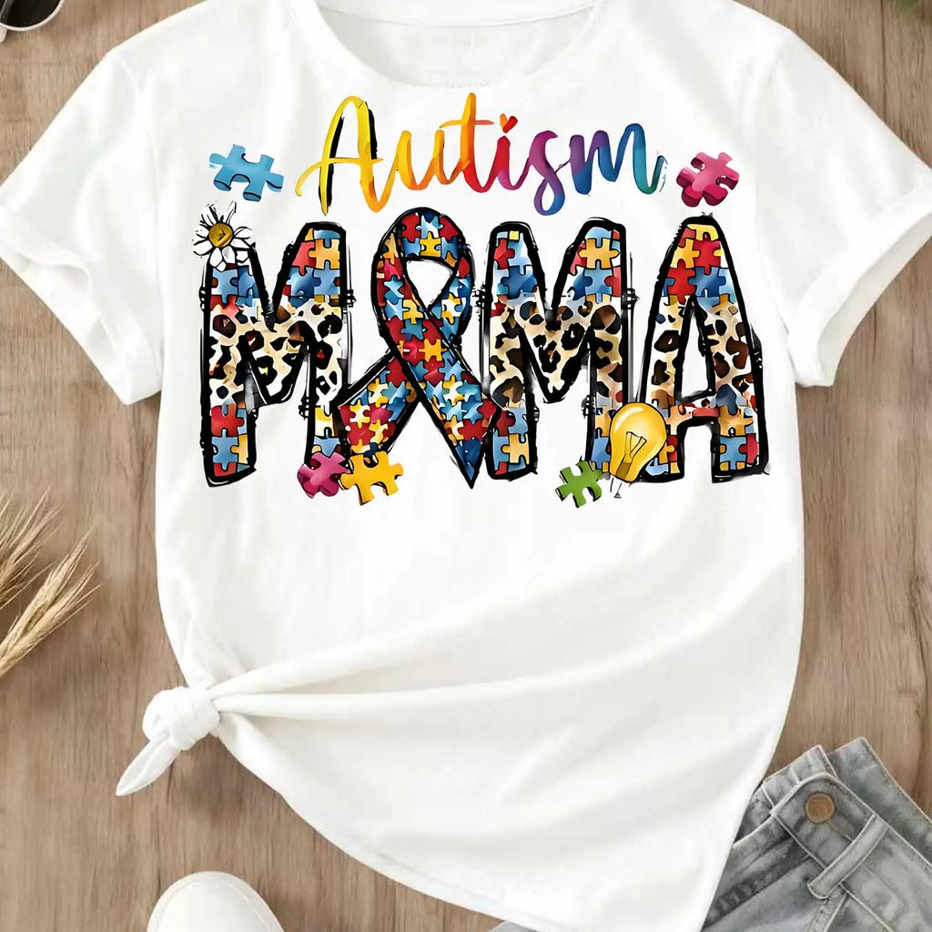 Autism Mama Puzzle Pieces And Ribbon Print T Shirt White Crewneck Casual Wear For Autism Awareness Support And Motherhood