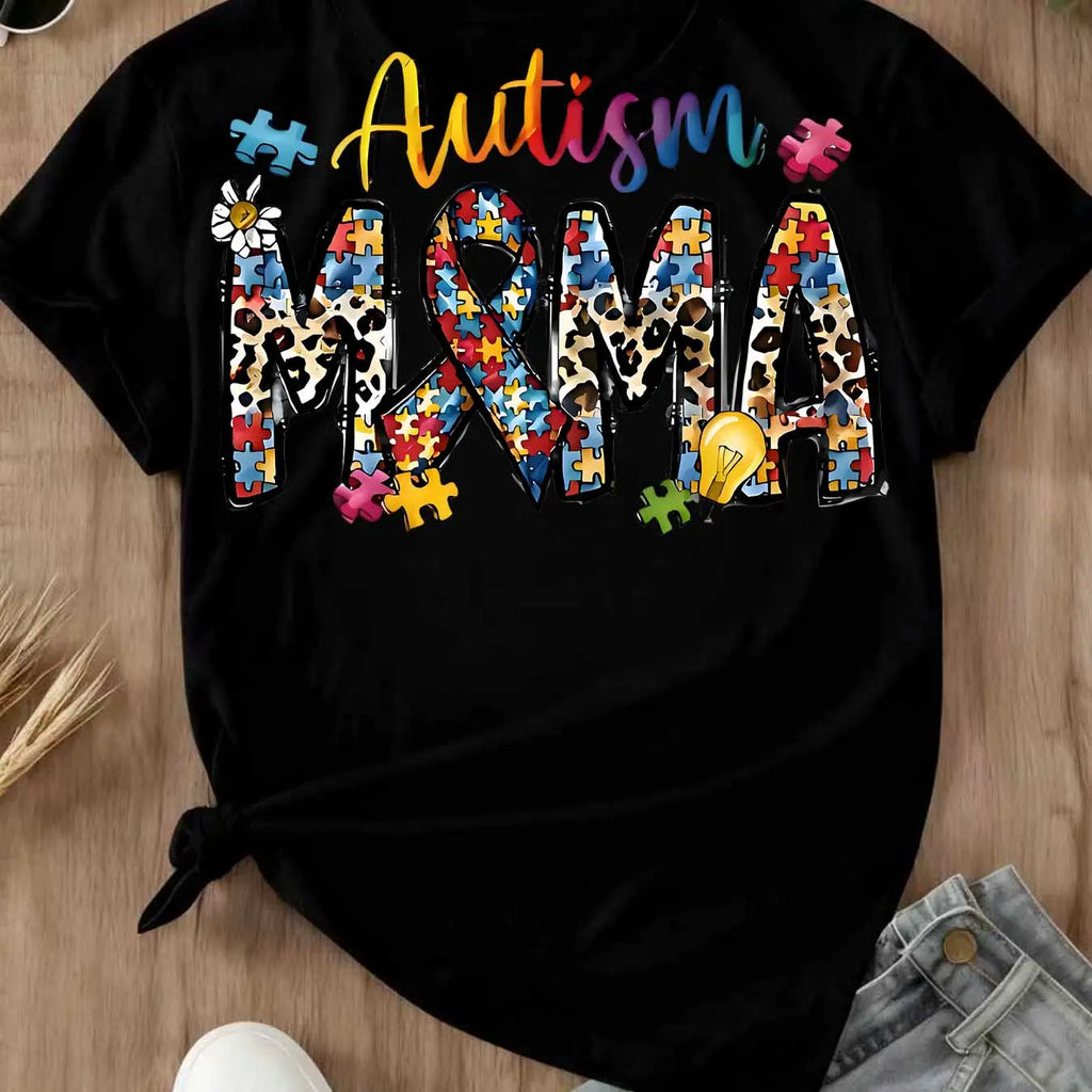 Autism Mama Puzzle Pieces And Ribbon Print T Shirt White Crewneck Casual Wear For Autism Awareness Support And Motherhood