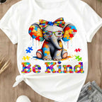Elephant With Puzzle Pieces And Be Kind Print T Shirt Crew Neck Casual Wear For Women And Girls