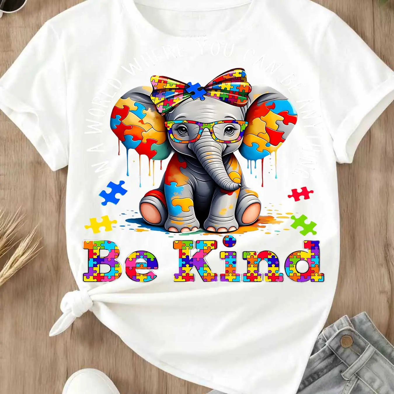 Elephant With Puzzle Pieces And Be Kind Print T Shirt Crew Neck Casual Wear For Women And Girls