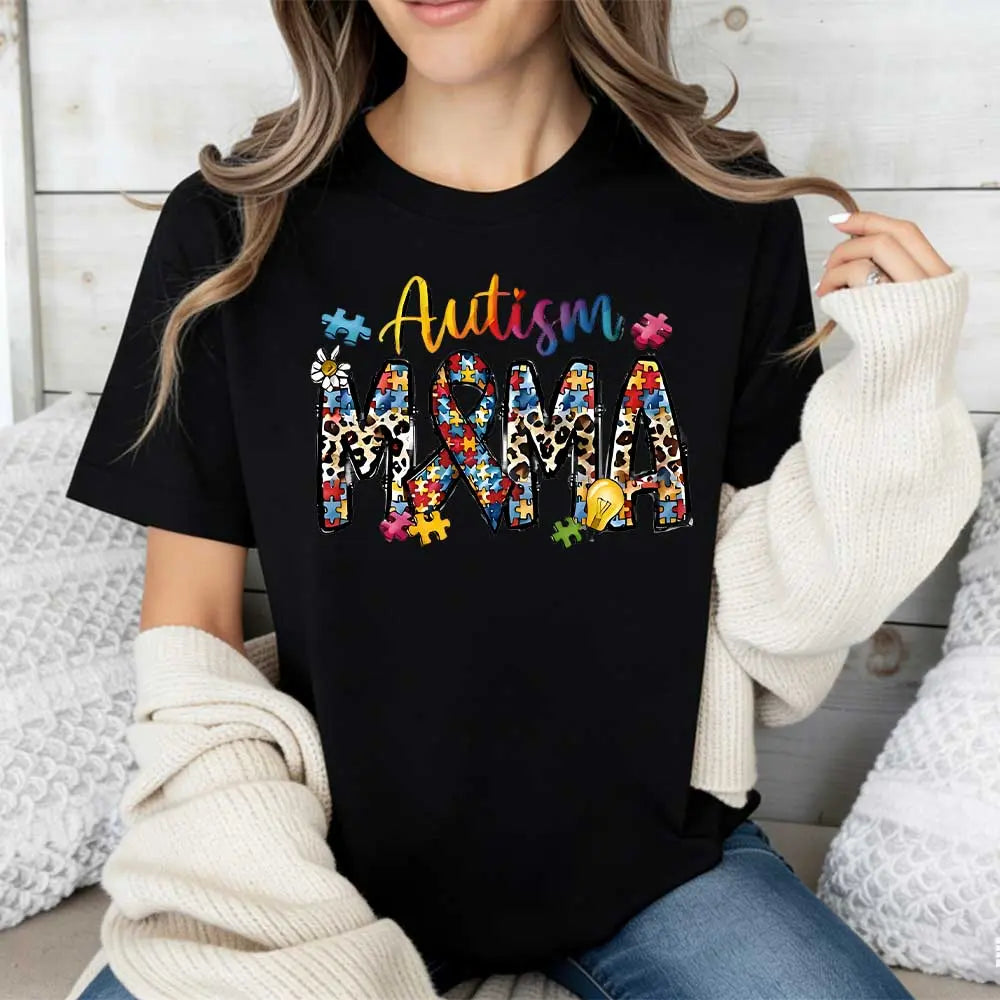 Autism Mama Puzzle Pieces And Ribbon Print T Shirt White Crewneck Casual Wear For Autism Awareness Support And Motherhood