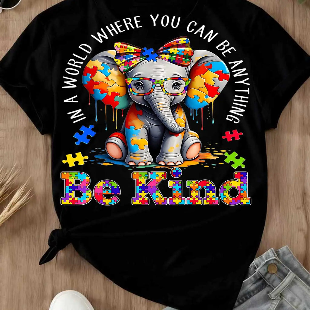 Elephant With Puzzle Pieces And Be Kind Print T Shirt Crew Neck Casual Wear For Women And Girls