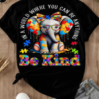 Elephant With Puzzle Pieces And Be Kind Print T Shirt Crew Neck Casual Wear For Women And Girls