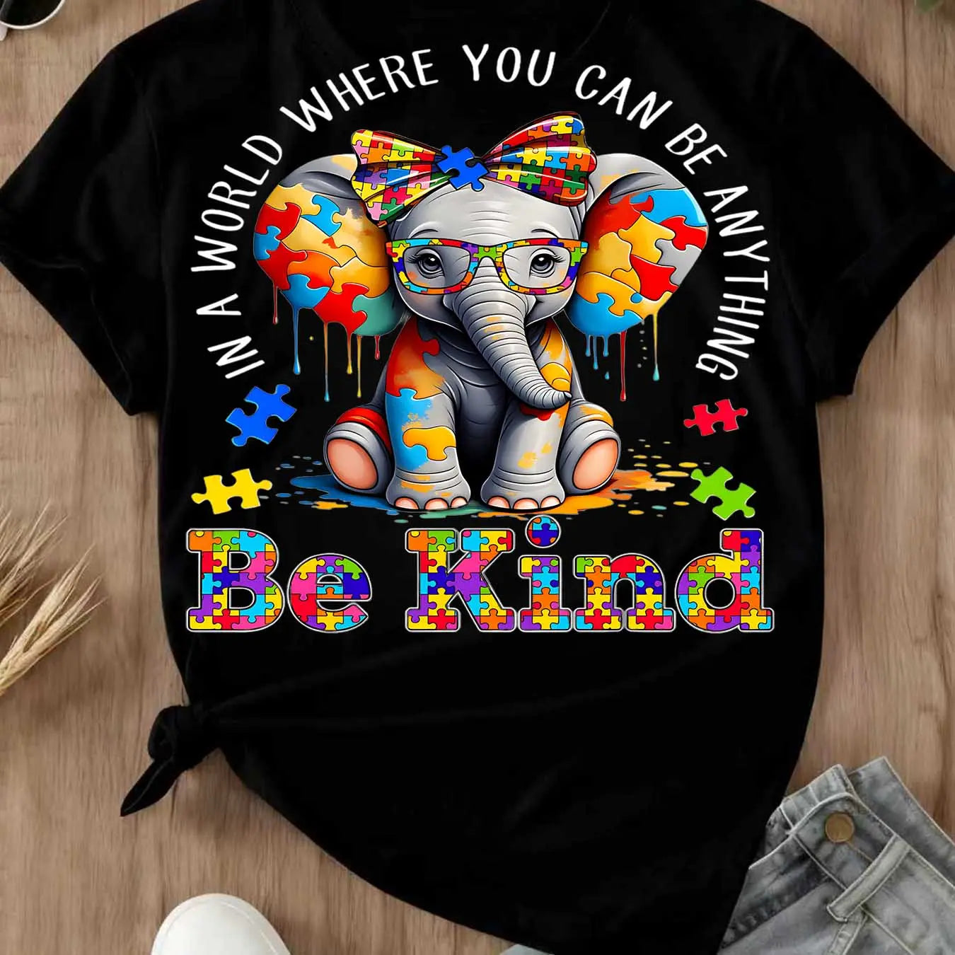 Elephant With Puzzle Pieces And Be Kind Print T Shirt Crew Neck Casual Wear For Women And Girls