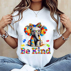 Elephant With Puzzle Pieces And Be Kind Print T Shirt Crew Neck Casual Wear For Women And Girls
