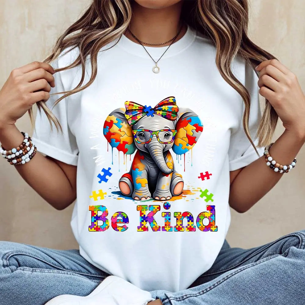 Elephant With Puzzle Pieces And Be Kind Print T Shirt Crew Neck Casual Wear For Women And Girls