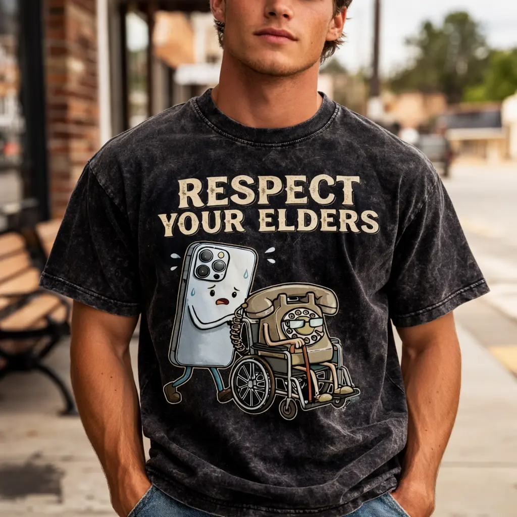 Respect Your Elders" Tech T-Shirt - Modern Smartphone & Retro Rotary Phone Design - Unique Gadget Evolution Humor Tee - Soft Cotton Graphic Shirt for Techies & Geeks