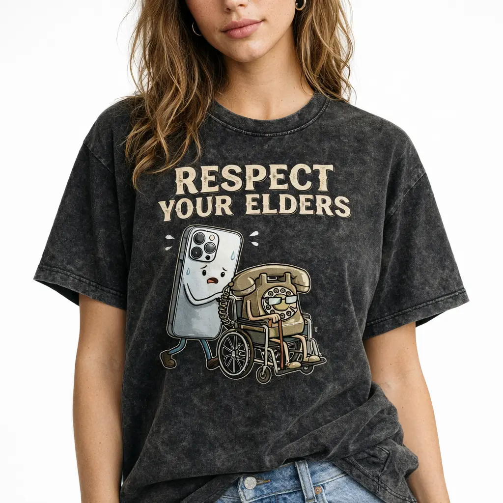 Respect Your Elders" Tech T-Shirt - Modern Smartphone & Retro Rotary Phone Design - Unique Gadget Evolution Humor Tee - Soft Cotton Graphic Shirt for Techies & Geeks