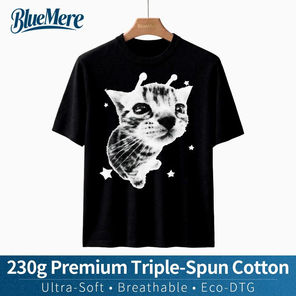 【BlueMere】230G Heavyweight Pure Cotton Y2K Alien Cat Meme Retro Silly Cat Vintage Kitty Funny Graphic T Shirt Perfect Gift for Men and Women