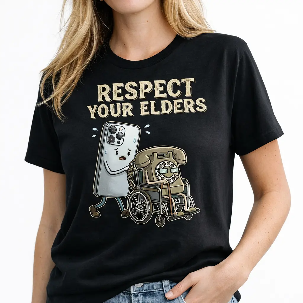 Respect Your Elders" Tech T-Shirt - Modern Smartphone & Retro Rotary Phone Design - Unique Gadget Evolution Humor Tee - Soft Cotton Graphic Shirt for Techies & Geeks